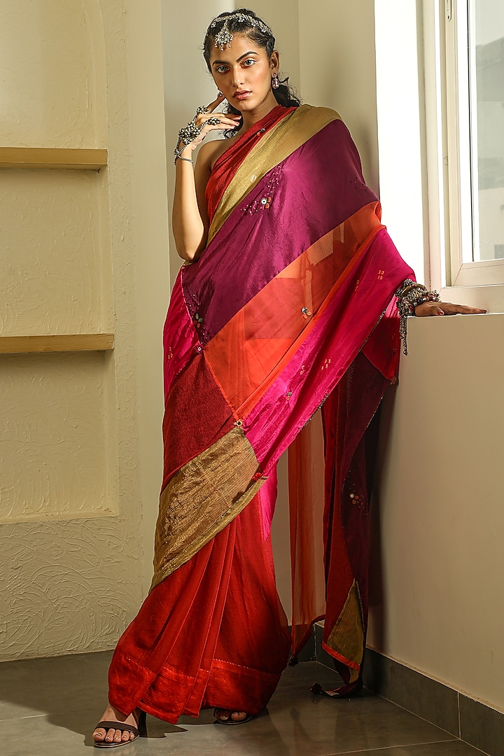 Multi Colored Pure Silk Mirror Work Pleated Saree by Medha
