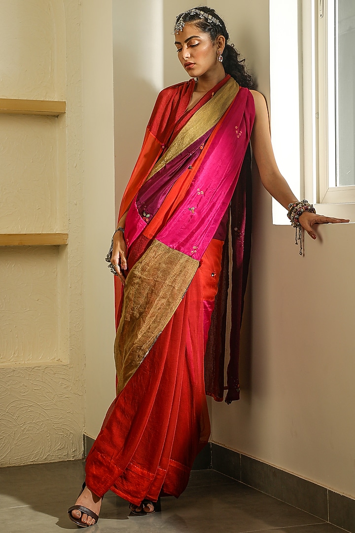 Multi Colored Pure Silk Mirror Work Pleated Wedding Saree by Medha at Pernia's Pop Up Shop