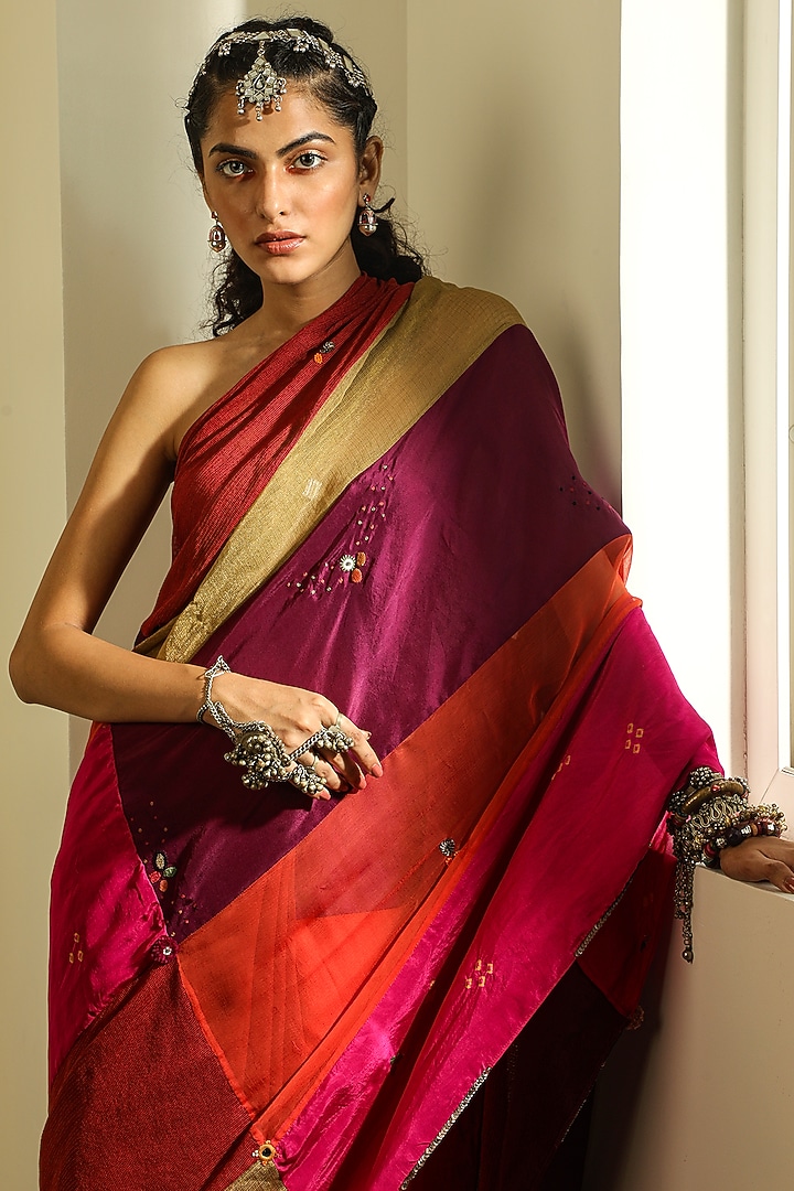 Multi Colored Pure Silk Mirror Work Pleated Wedding Saree by Medha at Pernia's Pop Up Shop