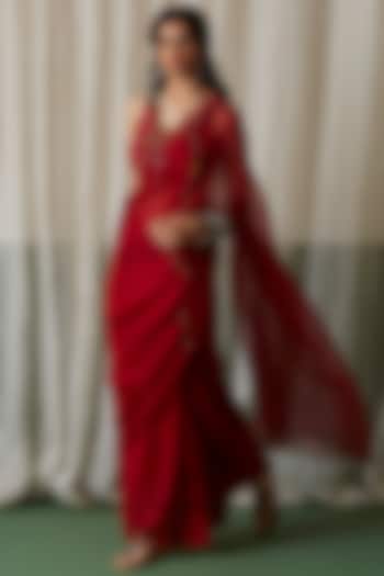 Red Embroidered Wedding Saree by Medha at Pernia's Pop Up Shop