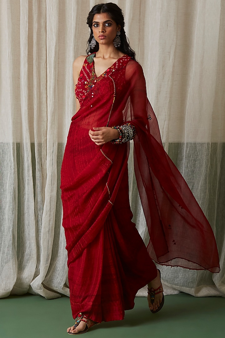 Red Embroidered Saree by Medha at Pernia's Pop Up Shop 2024