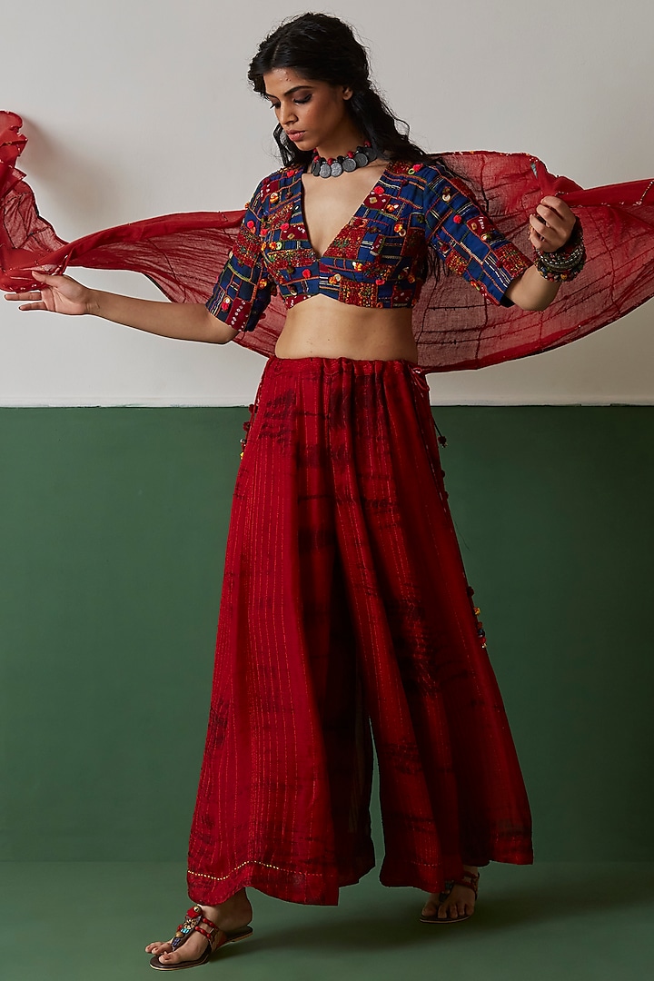 Red Tie-Dye Printed Pant Set by Medha at Pernia's Pop Up Shop