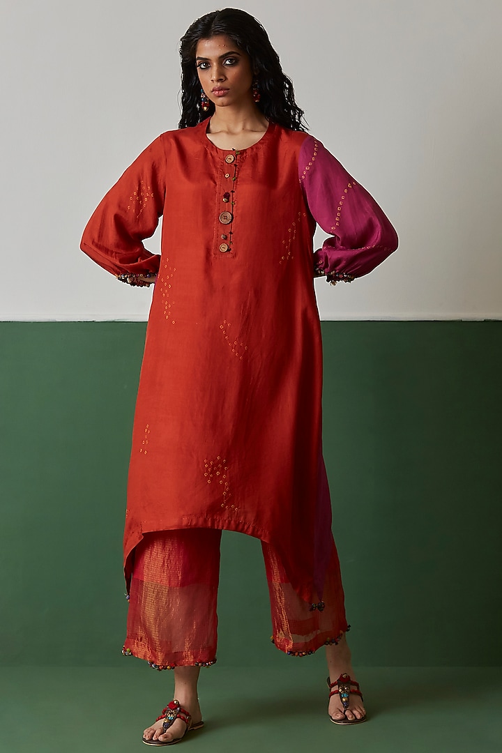 Orange Pink Habutai Silk Kurta by Medha at Pernia's Pop Up Shop