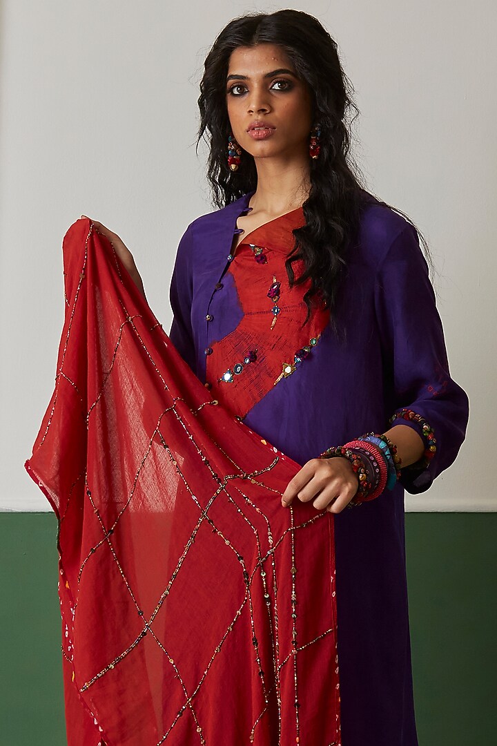 Red Hand Embroidered Stole by Medha at Pernia's Pop Up Shop