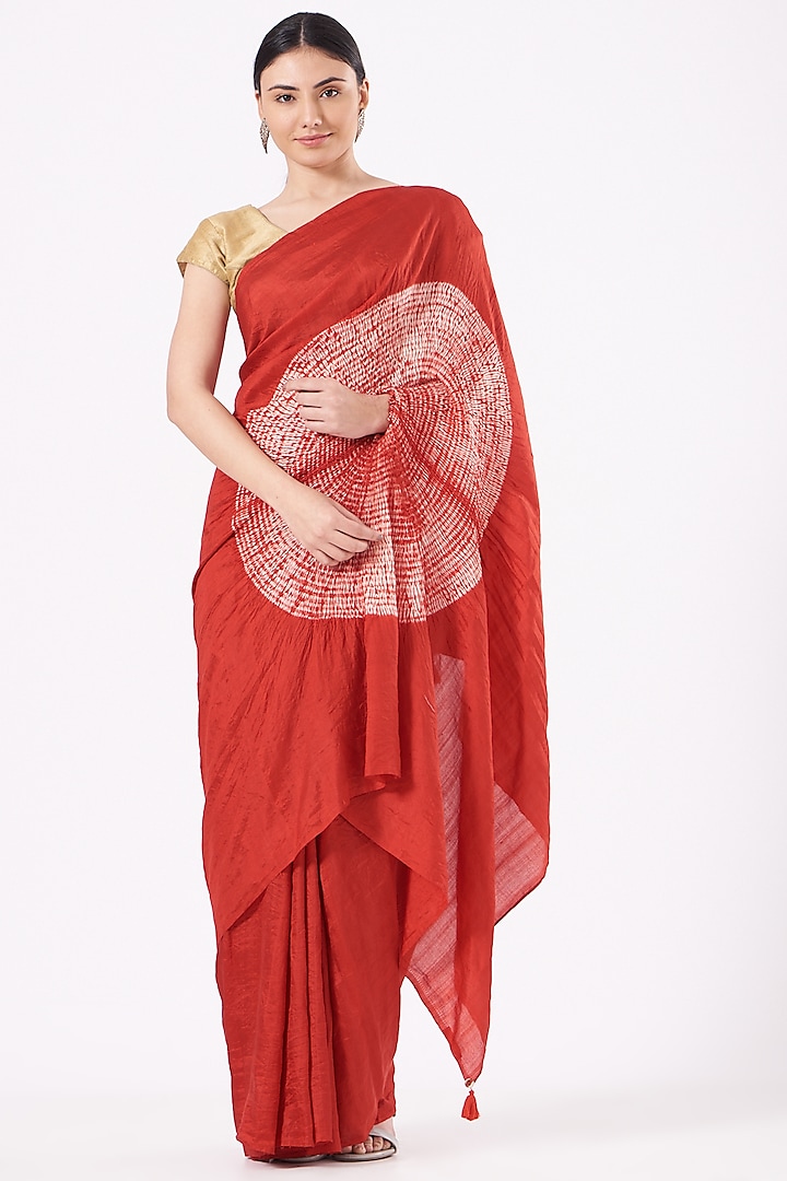 Red Silk Tie-Dye Saree  by Medium