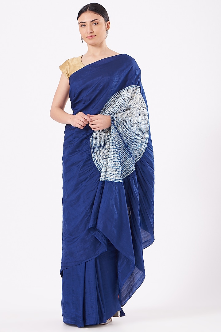 Navy Blue Silk Shibori & Tie-Dye Saree Set by Medium