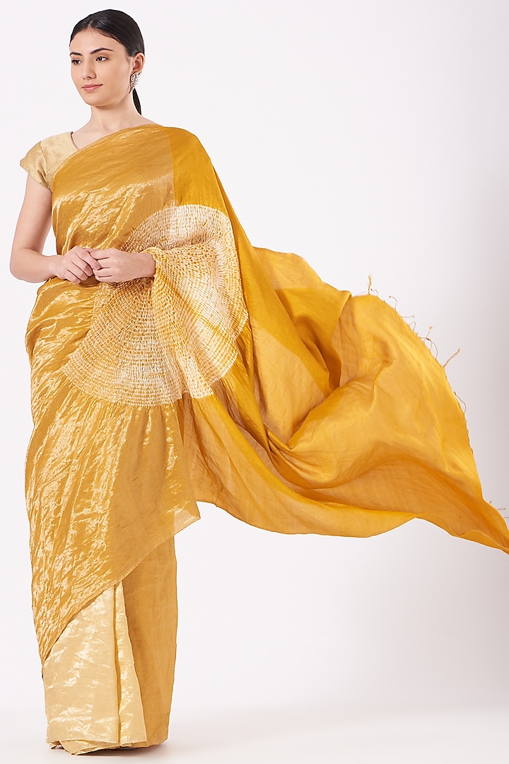 Mustard Silk Handwoven Metallic Saree Set by Medium