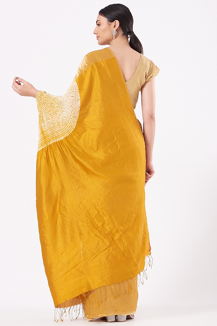 Mustard Silk Handwoven Metallic Wedding Saree Set by Medium at Pernia's Pop Up Shop