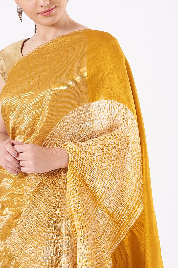 Mustard Silk Handwoven Metallic Wedding Saree Set by Medium at Pernia's Pop Up Shop