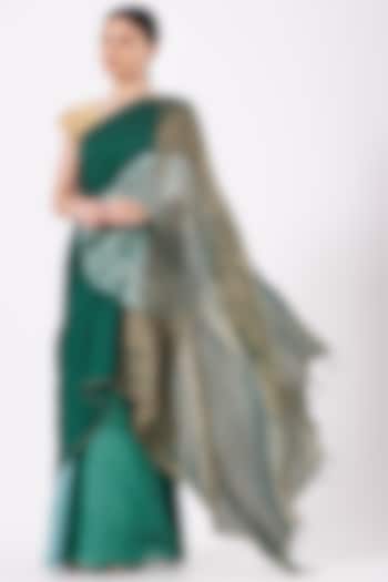 Green Silk Handwoven Metallic Saree Set by Medium