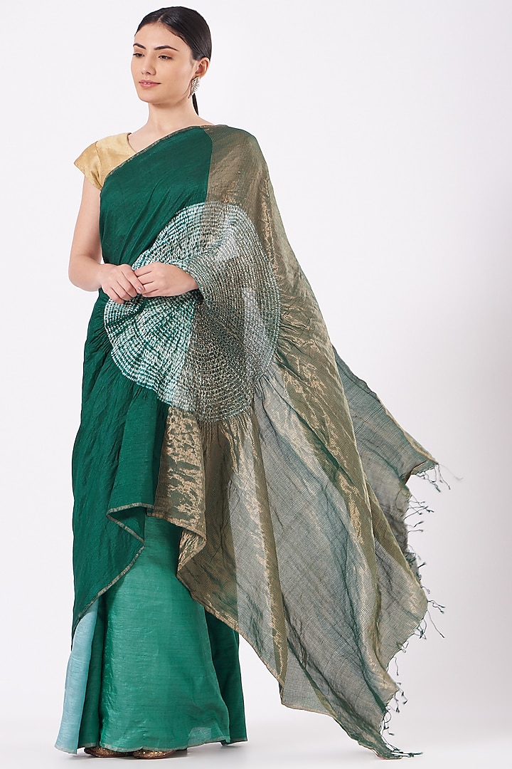 Green Silk Handwoven Metallic Saree Set by Medium