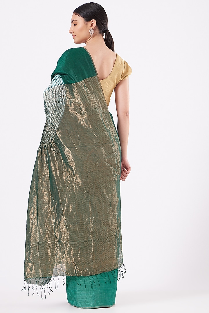 Green Silk Handwoven Metallic Wedding Saree Set by Medium at Pernia's Pop Up Shop