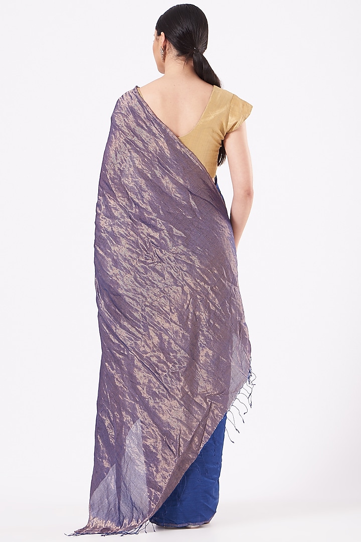 Navy Ombre Handwoven Metallic Wedding Saree Set by Medium at Pernia's Pop Up Shop