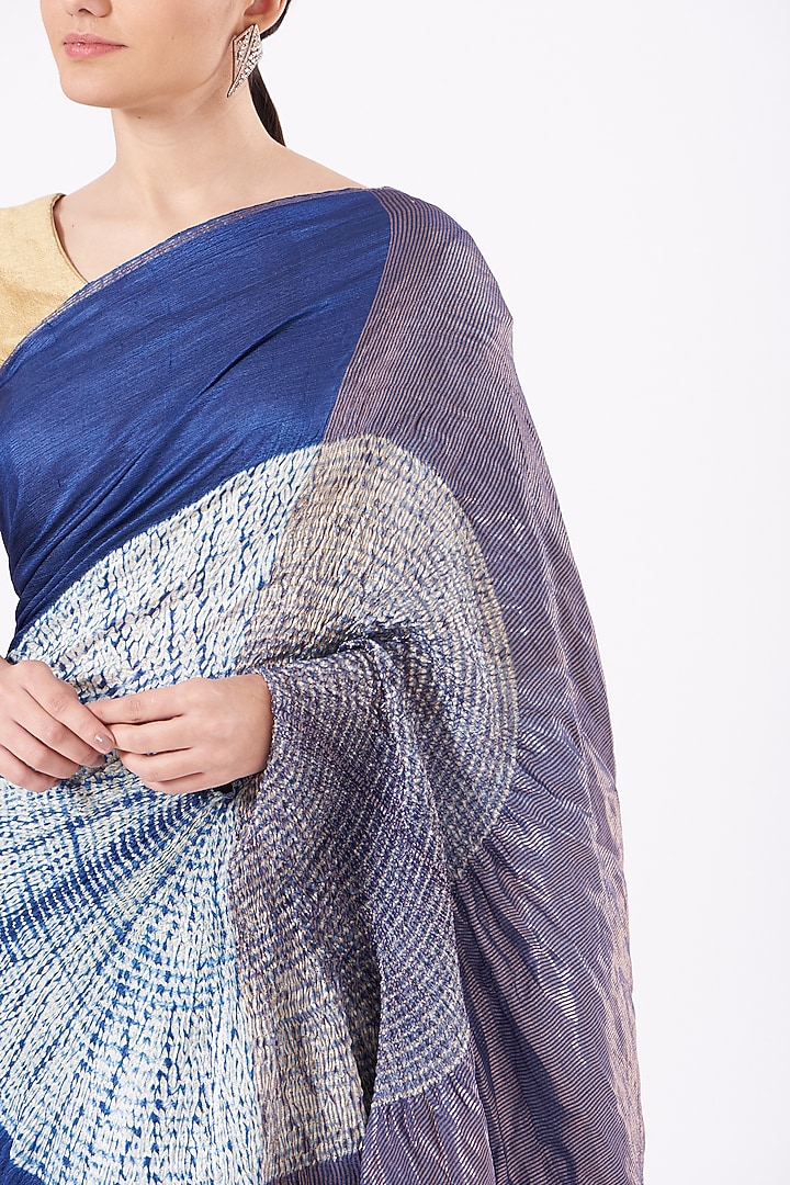 Navy Ombre Handwoven Metallic Wedding Saree Set by Medium at Pernia's Pop Up Shop