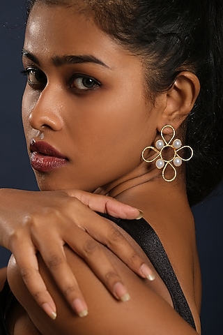 Gold Finish Pearl Stud Earrings by MEDOSO JEWELLERY