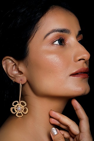Gold Finish Pearl Floral Hoop Earrings by MEDOSO JEWELLERY