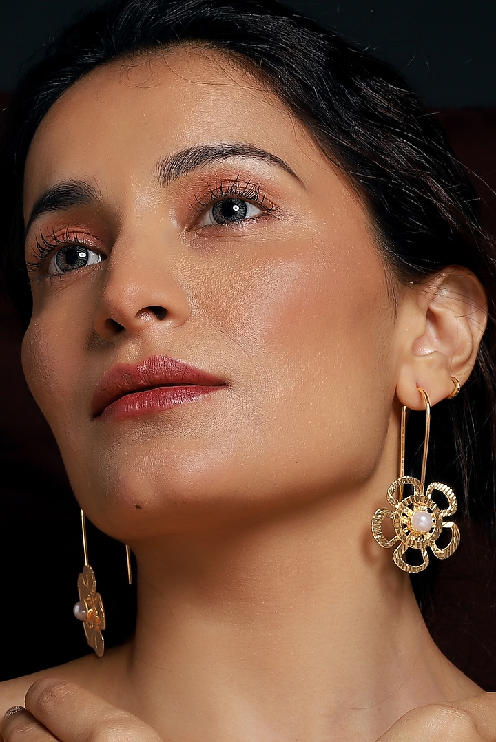 Gold Finish Pearl Floral Hoop Earrings by MEDOSO JEWELLERY at Pernia's Pop Up Shop