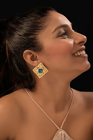 Gold Plated CZ & Emerald Stone Stud Earrings by MEDOSO JEWELLERY