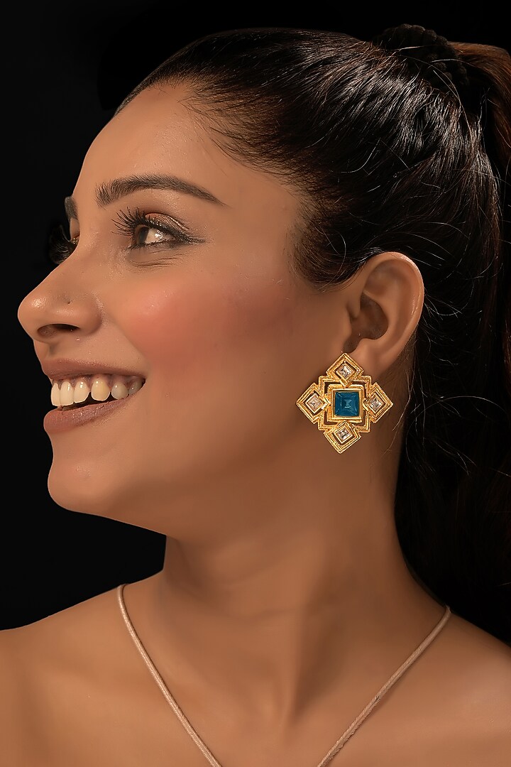 Gold Plated CZ & Emerald Stone Stud Earrings by MEDOSO JEWELLERY at Pernia's Pop Up Shop