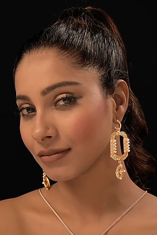 Gold Finish CZ Stones & Pearl Dangler Earrings by MEDOSO JEWELLERY
