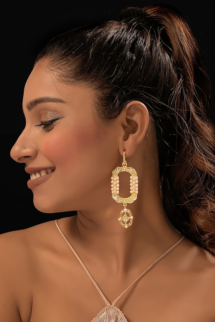 Gold Finish CZ Stones & Pearl Dangler Earrings by MEDOSO JEWELLERY at Pernia's Pop Up Shop