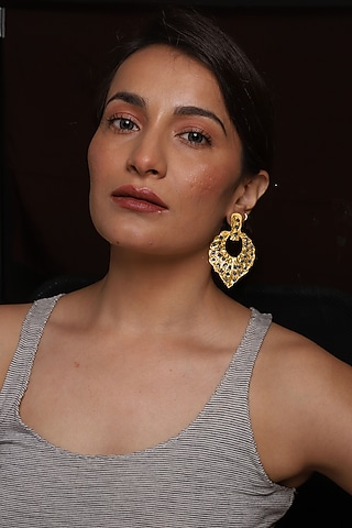 Rose Gold Finish Dark Blue Stone Dangler Earrings by MEDOSO JEWELLERY