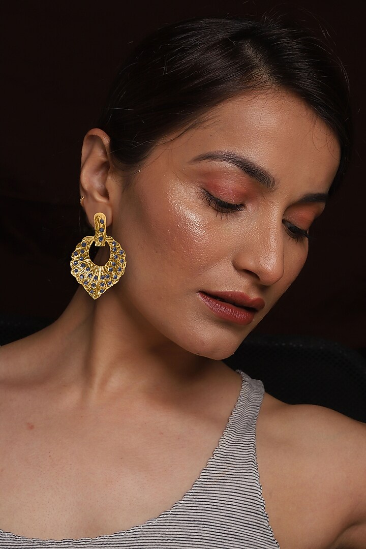 Rose Gold Finish Dark Blue Stone Dangler Earrings by MEDOSO JEWELLERY at Pernia's Pop Up Shop