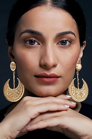 Gold Finish Pearl Dangler Earrings by MEDOSO JEWELLERY