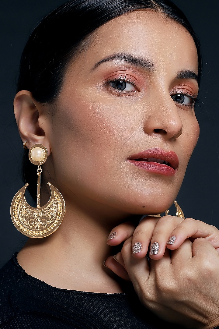 Gold Finish Pearl Dangler Earrings by MEDOSO JEWELLERY at Pernia's Pop Up Shop