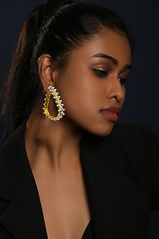 Gold Finish Pearl Handcrafted Hoop Earrings by MEDOSO JEWELLERY