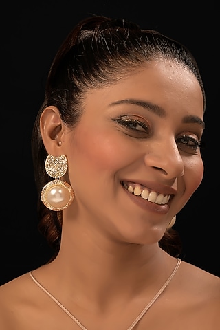 Gold Finish Pearl Dangler Earrings by MEDOSO JEWELLERY