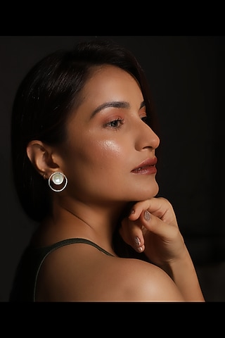 Gold Finish Pearl Stud Earrings by MEDOSO JEWELLERY
