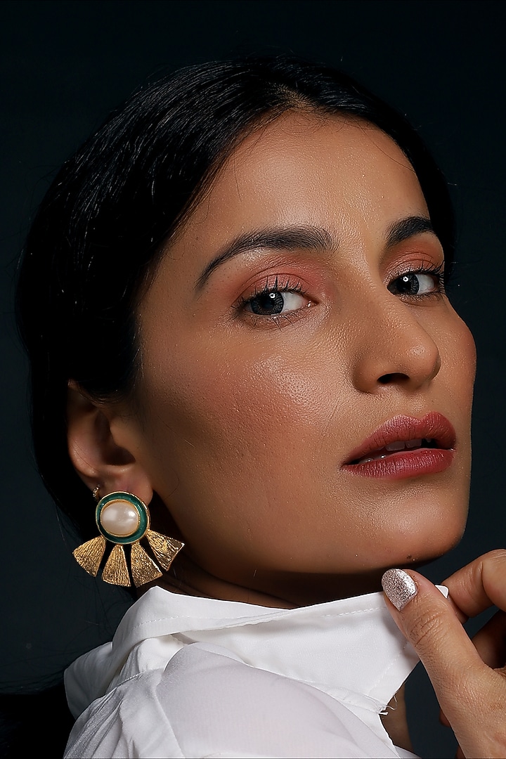 Gold Finish Pearl Textured Stud Earrings by MEDOSO JEWELLERY at Pernia's Pop Up Shop