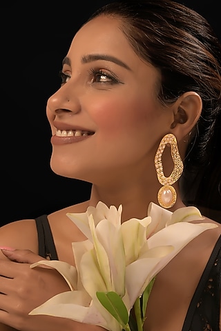 Gold Finish Pearl Dangler Earrings by MEDOSO JEWELLERY