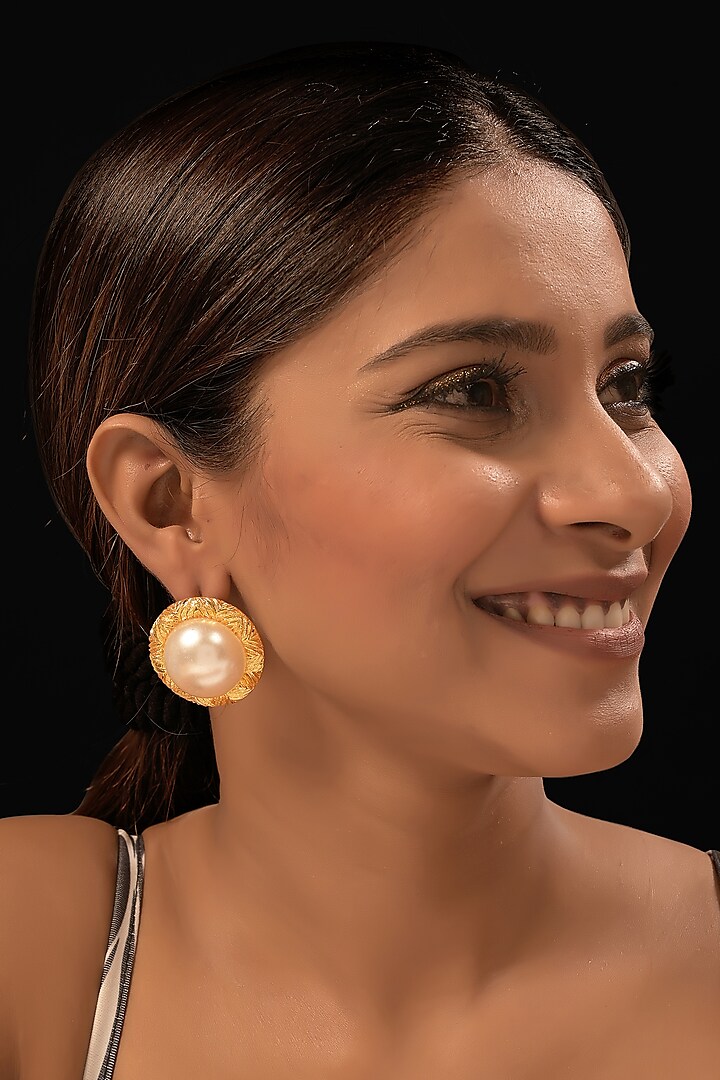 Gold Plated Pearl Handcrafted Stud Earrings by MEDOSO JEWELLERY