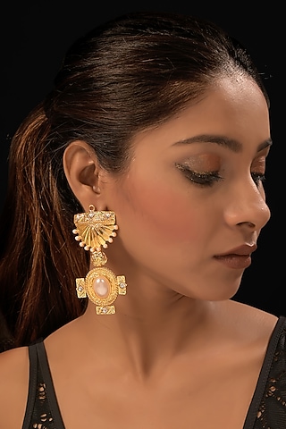 Gold Finish Drop Pearl & Beaded Dangler Earrings by MEDOSO JEWELLERY