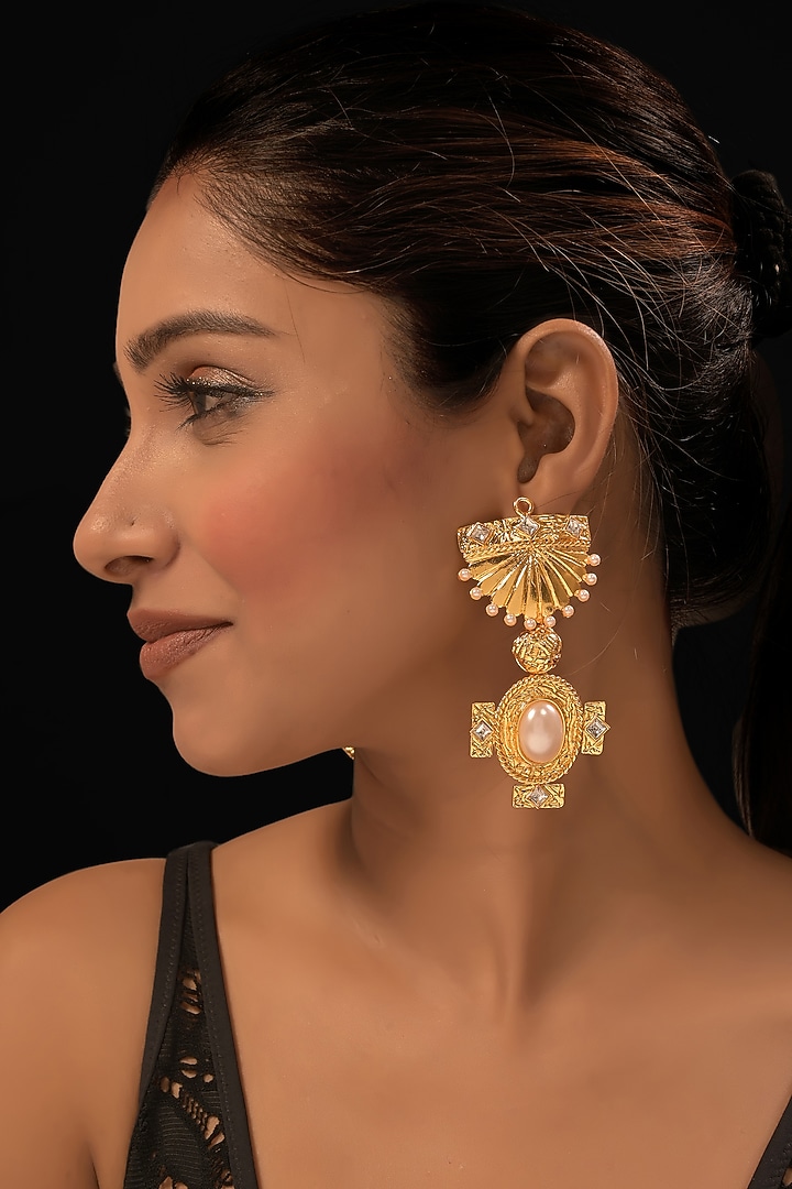 Gold Finish Drop Pearl & Beaded Dangler Earrings by MEDOSO JEWELLERY at Pernia's Pop Up Shop