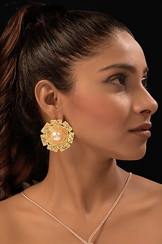 Gold Finish CZ Stone & Pearl Stud Earrings by MEDOSO JEWELLERY