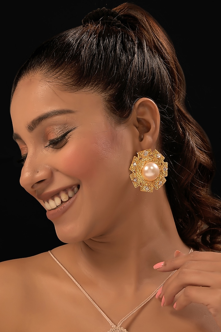 Gold Finish CZ Stone & Pearl Stud Earrings by MEDOSO JEWELLERY at Pernia's Pop Up Shop