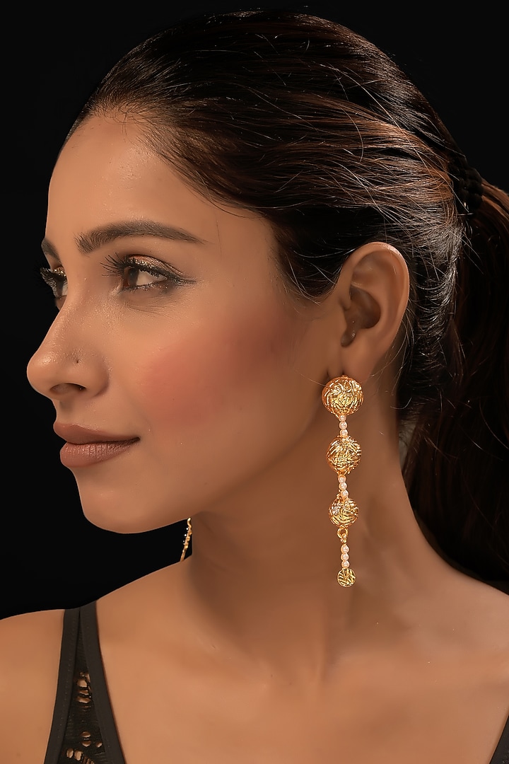 Gold Finish Freshwater Pearl Dangler Earrings by MEDOSO JEWELLERY at Pernia's Pop Up Shop