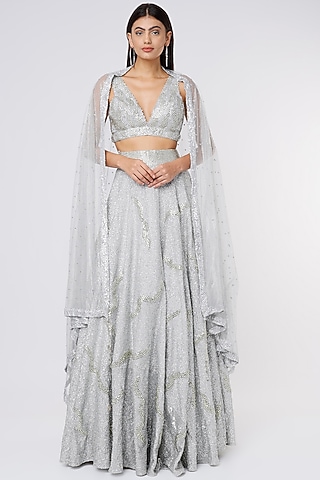 Silver Sequins Lehenga Set by Megha Kapoor Label