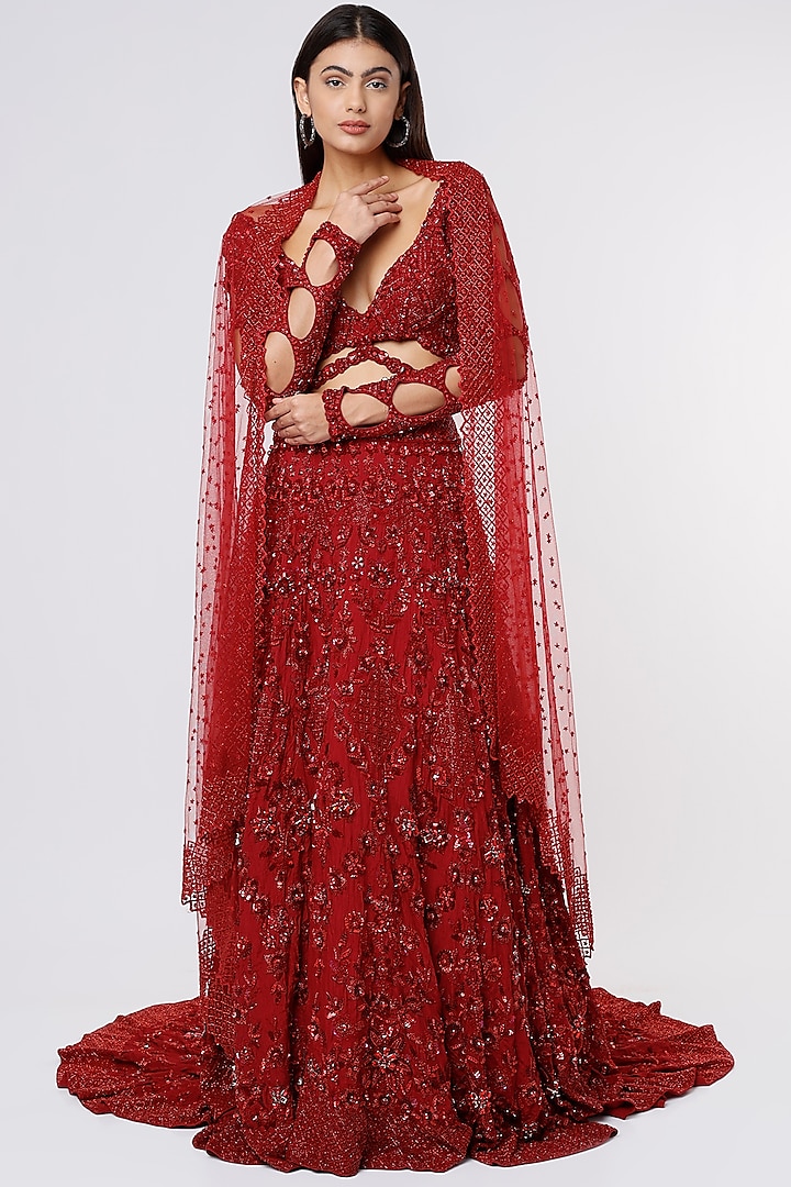 Red Embroidered Lehenga Set by Megha Kapoor Label