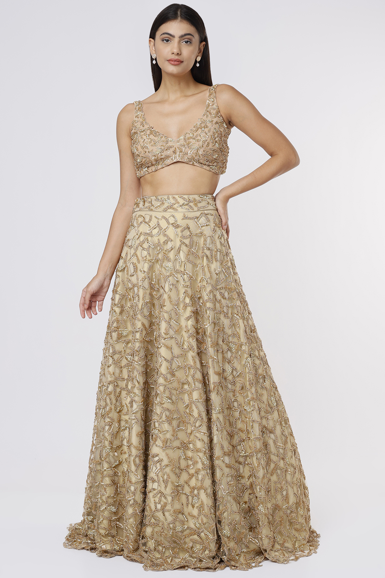 Gold Embellished Lehenga Set by Megha Kapoor Label
