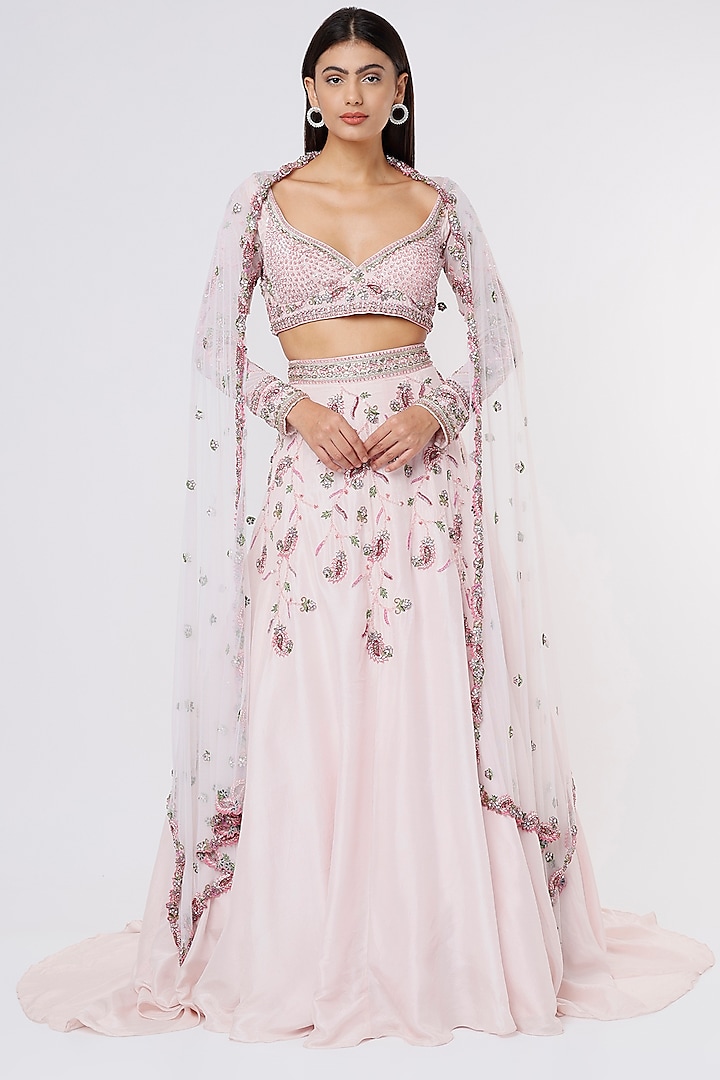 Baby Pink Embroidered Lehenga Set by Megha Kapoor Label