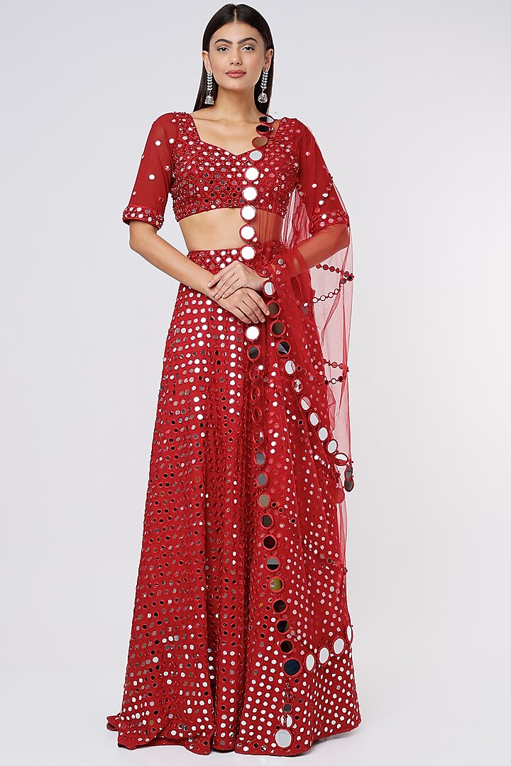 Red Pure Raw Silk Embroidered Lehenga Set by Megha Kapoor Label
