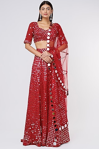 Red Pure Raw Silk Embroidered Lehenga Set by Megha Kapoor Label