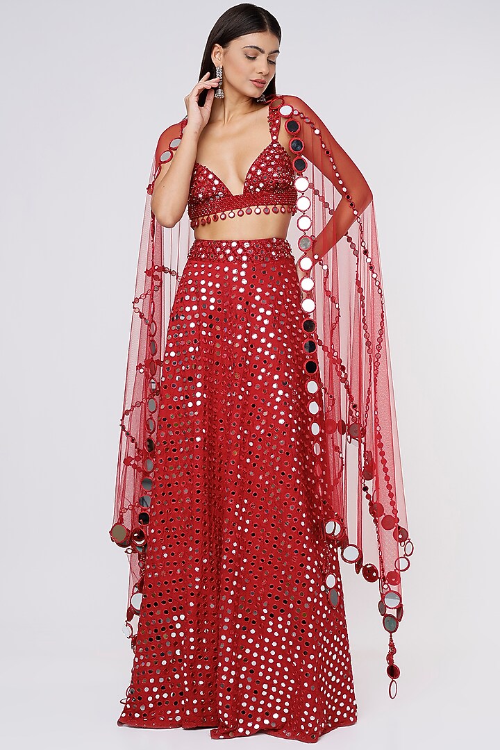 Red Pure Raw Silk Embroidered Bridal Lehenga Set by Megha Kapoor Label at Pernia's Pop Up Shop