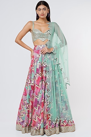 Multi-Coloured Printed Embroidered Lehenga Set by Megha Kapoor Label