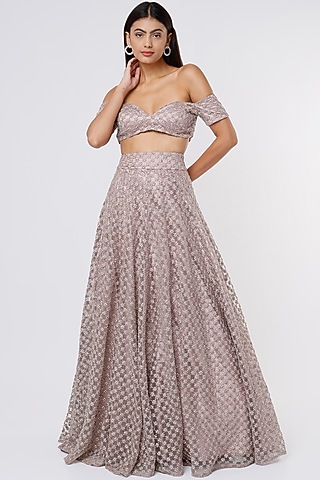 Champagne Satin Lehenga Set by Megha Kapoor Label