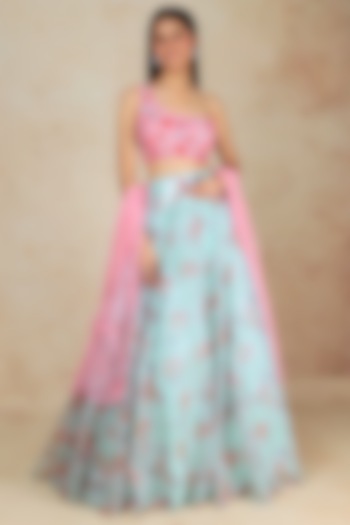 Powder Blue Printed Lehenga Set by Megha Kapoor Label